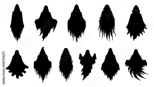 Spooky ghost silhouette collection, 11 creepy phantom vector elements, dark hooded grim reaper spirits for Halloween design and horror graphics