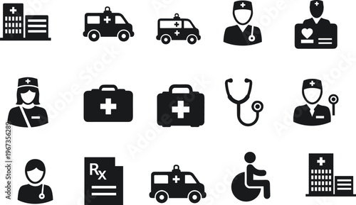 Hospital Medical Icon Set Featuring Ambulance Emergency Services Doctor Nurse Healthcare Staff Stethoscope First Aid Kit Pharmacy Rx And Clinic Building