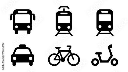 Public transport icon set with 6 black vector symbols, urban mobility and city transportation elements, bus train taxi and bicycle signs