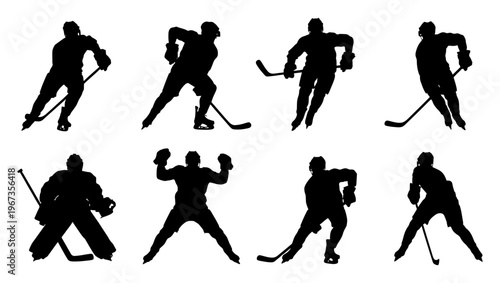Ice hockey player silhouettes set, 8 professional athlete vector elements, black hockey goalie and skater figures for sports design