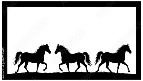 Black horse silhouettes in a rectangular frame, wild stallion group running on horizon, equestrian animal vector illustration