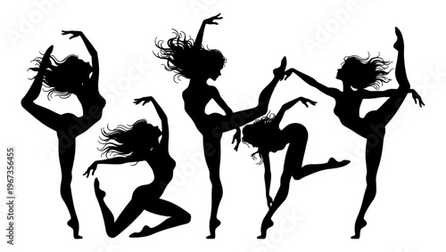 Graceful ballet dancer silhouettes, elegant female gymnast poses in black vector set, artistic contemporary dance movements for performance posters