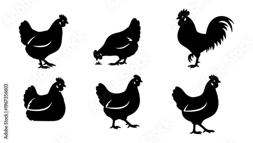 Black chicken silhouette collection, set of 6 farm bird vector icons, rustic rooster and hen silhouettes for organic food branding and farm logos