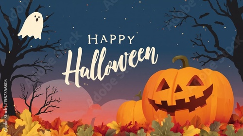 Halloween Celebration With Pumpkin and Ghost in Autumn Evening