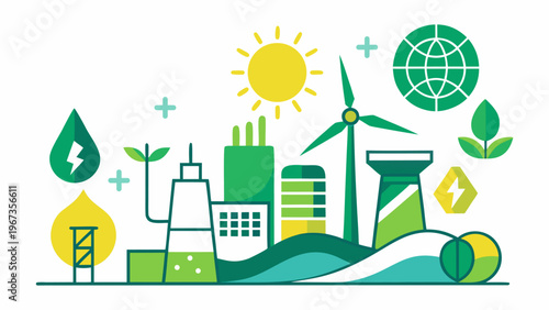 Sustainable energy and eco friendly industrial concept vector illustration. Flat design of renewable power plant with wind turbine, solar panels, and green factory building 