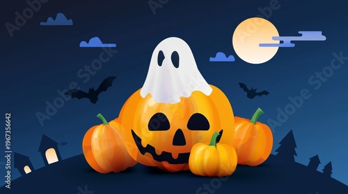 Halloween Decorations on a Dark Wall Featuring Ghosts, Pumpkins, and Bats