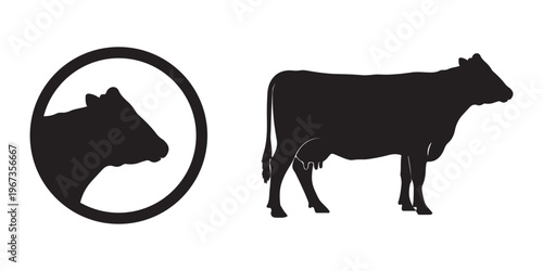 Cow silhouette and cattle head emblem icon set