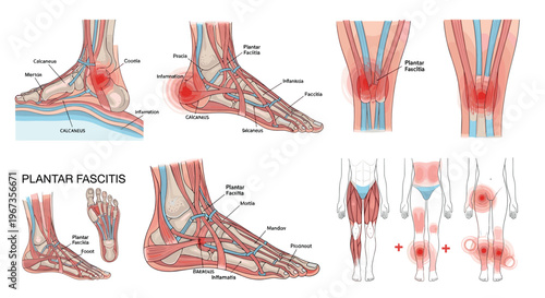 Plantar Fasciitis Medical Illustration Set with Foot Anatomy Pain Points and Inflammation Diagrams Detailed Healthcare Collection for Orthopedic Education and Clinical Design.