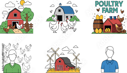 Poultry Farm Illustration Set with Chickens Barn Eggs Farmer and Rural Scenes Simple Cartoon Line Art Collection for Agriculture Education and Farming Vector Design.