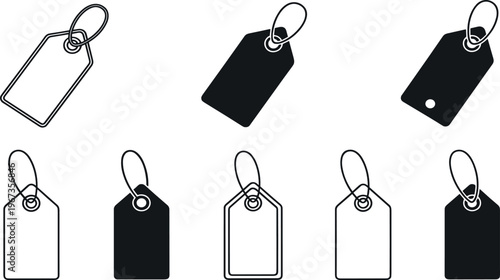 Price Tag Illustration Set with Blank Sale Labels Retail Hanging Tags Outline and Solid Styles Minimal Black Collection for Shopping and E Commerce Vector Design.