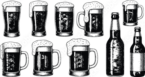 Vintage beer engraving vector set with glasses mugs and bottles hand drawn sketch isolated on white