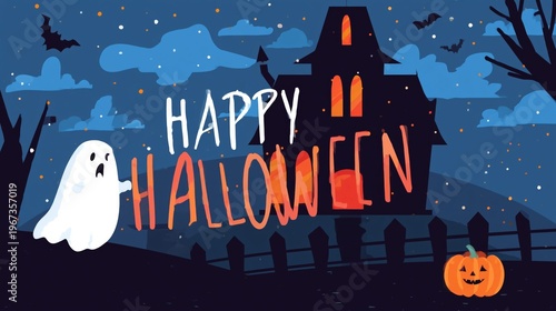 Halloween Scene With Ghost, Pumpkin, and Haunted House at Night