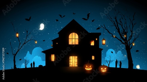 Ghost and Pumpkins With a Haunted House Under a Full Moon at Night During Hal...