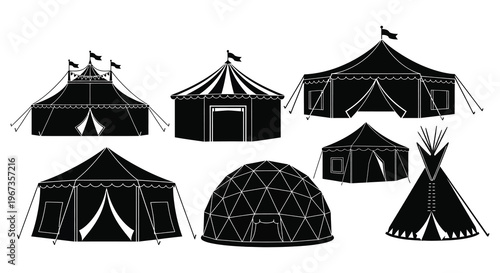 A collection of various tent designs including circus dome and teepee structures presented as a silhouette high quality professional detailed modern