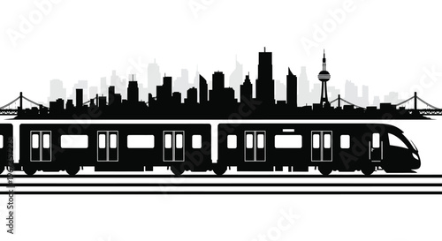 A striking black silhouette depicts a train passing a modern cityscape with iconic structures silhouette high quality professional detailed elegant stylish