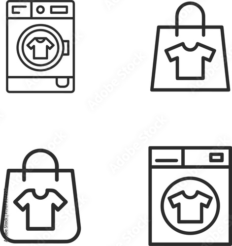 Set of four line art icons representing laundry services, featuring washing machines and shopping bags with t-shirts, symbolizing clean clothes