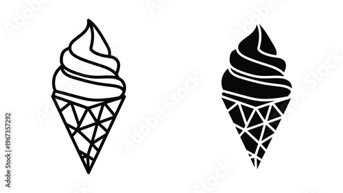 Contrasting black and white ice cream cone illustrations with swirls and geometric patterns