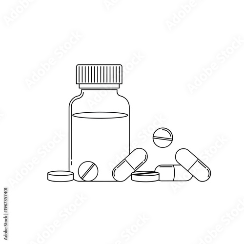 A bottle of medicine with scattered pills.