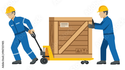 Warehouse workers moving large wooden crate with manual pallet truck.
