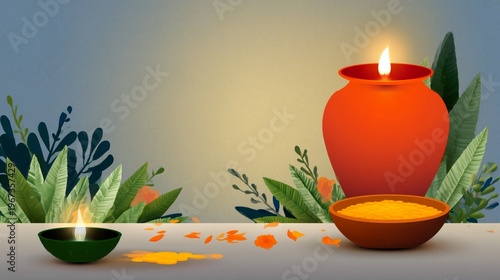 Diwali Celebration With Diya Lights and Colorful Decorations on a Table