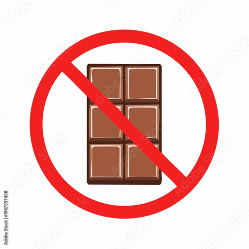 Forbidden chocolate bar in red prohibition sign, concept of no sweets or unhealthy food