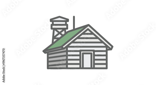 Illustration of a rustic wooden cabin with a lookout tower