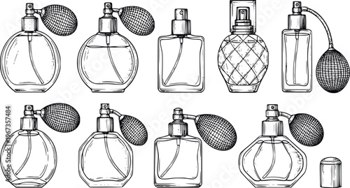 Vintage perfume bottle engraving vector set hand drawn cosmetic spray glass illustration on white