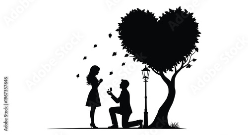 A couple experiencing a romantic proposal beneath a heart shaped tree captured in a striking silhouette high quality professional detailed modern elegant