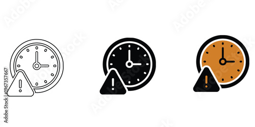 Clock With Warning Sign Icon Set - Time Error, Deadline Alert, Schedule Problem