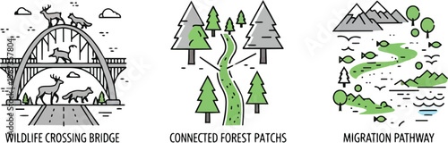 Wildlife crossing bridge, connected forest patches and migration pathway icons set
