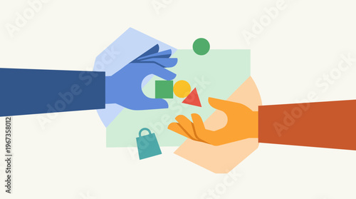 Two hands exchanging colorful geometric shapes and a shopping bag.