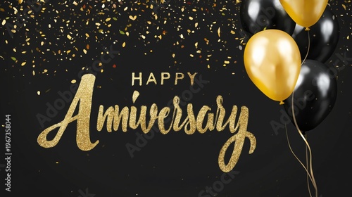 Happy Anniversary Celebration With Gold and Black Balloons and Confetti in a ...
