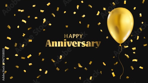 Happy Anniversary Celebration With Gold and Black Balloons and Confetti in a ...