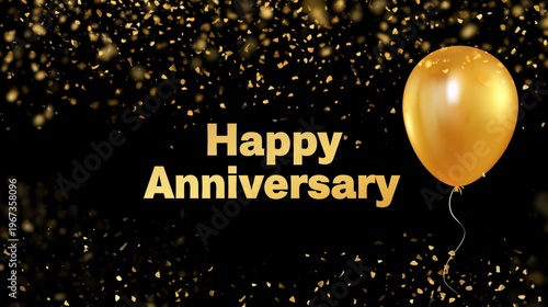 Celebration of Anniversary With Gold Balloon and Confetti in Dark Background