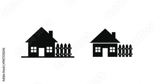 Two black house silhouettes with picket fences on transparent background