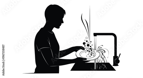 A black silhouette depicts a man washing dishes under a faucet showcasing domestic activity and cleanliness silhouette high quality professional detailed