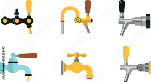 Water Tap and Faucet Collection in Flat Style Featuring Various Plumbing Fixtures for Bathroom Kitchen Utility Design and Home Improvement Illustration Projects