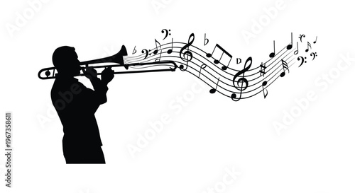 A black silhouette of a trombonist playing music with flowing musical notes emanating from the instrument silhouette high quality professional