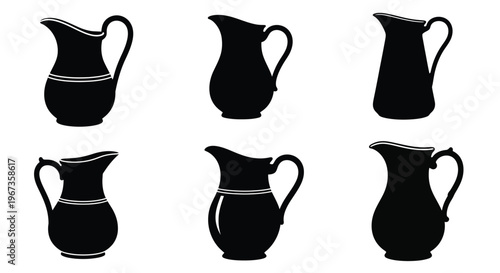 Collection of black pitcher silhouettes on transparent background