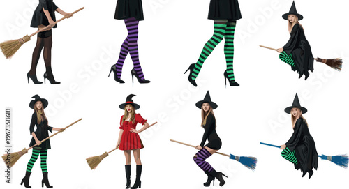 Witch Character Illustration Set with Halloween Costume Broomstick and Striped Stockings Stylish Female Witch Collection for Holiday Design and Vector Graphics.