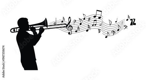 A striking black silhouette portrays a trombonist playing surrounded by flowing musical notes and staff lines silhouette high quality professional detailed