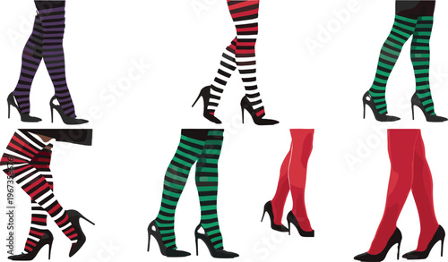 Women Fashion Legs Illustration Set with High Heels and Striped Stockings Stylish Female Footwear Collection for Trendy Outfit Design and Vector Graphics.