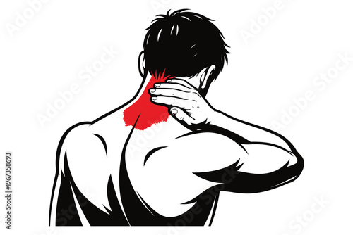 Illustration of a person indicating pain or discomfort in the neck and upper back region Vector