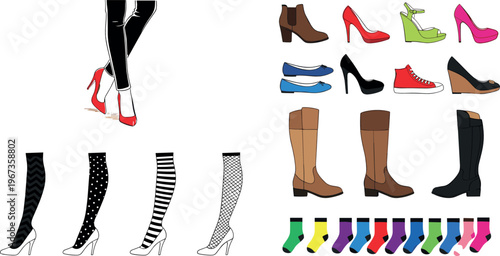 Women Shoes and Socks Illustration Set with High Heels Boots Flats and Colorful Socks Fashion Footwear Collection for Style Design and Vector Graphics.