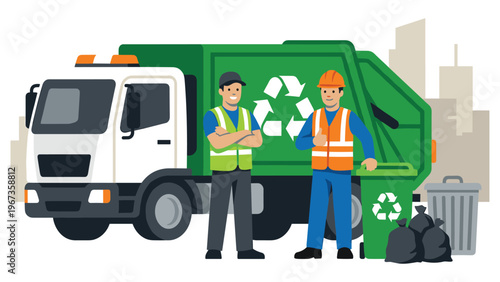 Waste management workers with garbage truck and recycling bins scene.