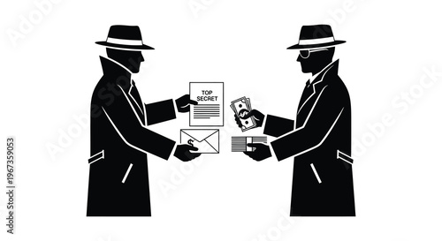 A clandestine exchange of money and documents between two figures depicted in stark black and white silhouette high quality professional detailed