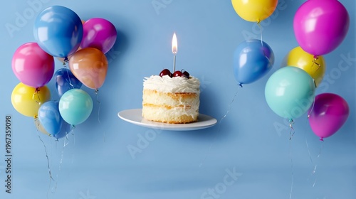 Celebration Cake With Candle and Colorful Balloons on Blue Background