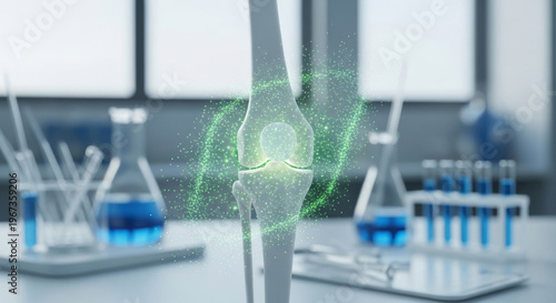 Stylized Rendering of A Knee Joint in A Laboratory Setting, with Green Particles Illustrating Joint Health and Science Concept Digital Technology