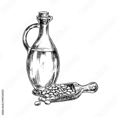 Soybean oil. A glass bottle and a handful of soybeans in a wooden scoop. Black and white vector graphics. For menus, recipes, and cookbooks. For banners, packaging, labels, and more.