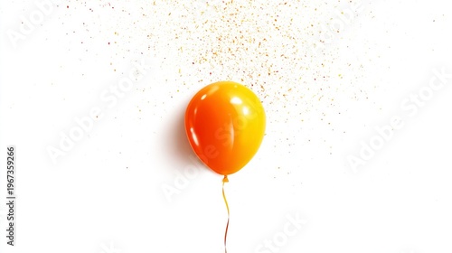 Bright Orange Balloon With Confetti Floating Against a White Background Durin...